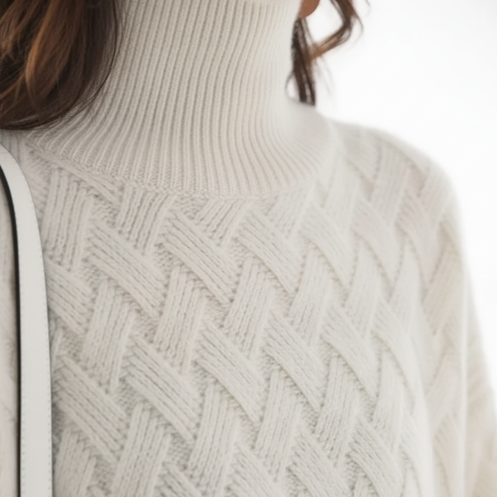 Maglione dolcevita da donna con trecce beige e bianco