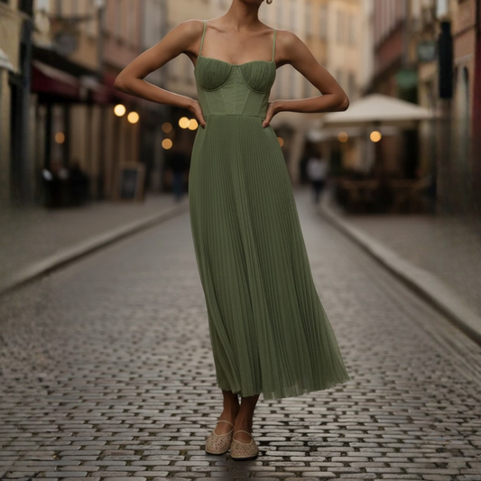 Women's Green Polyester Maxi Dress | Elegant Pleated Sleeveless Summer Gown 1