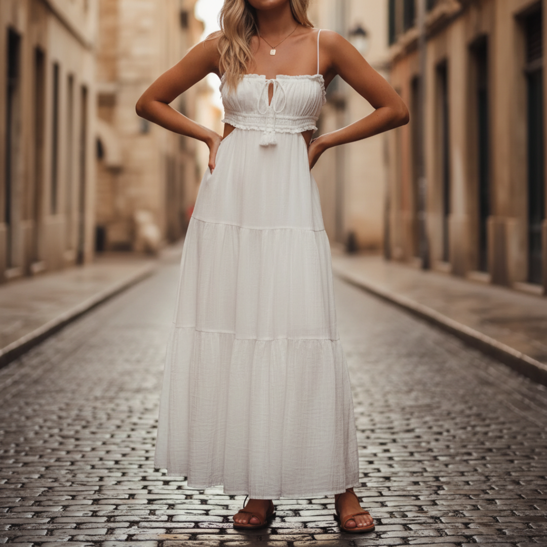 White Cotton Midi Dress for Women with Thin Straps