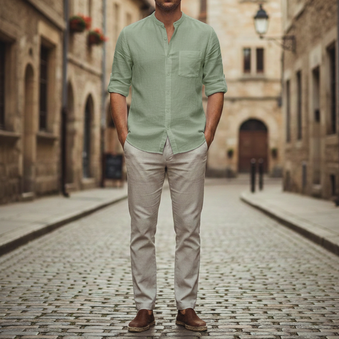 Men's Linen Short Sleeve Slim Fit Korean Collar Shirt