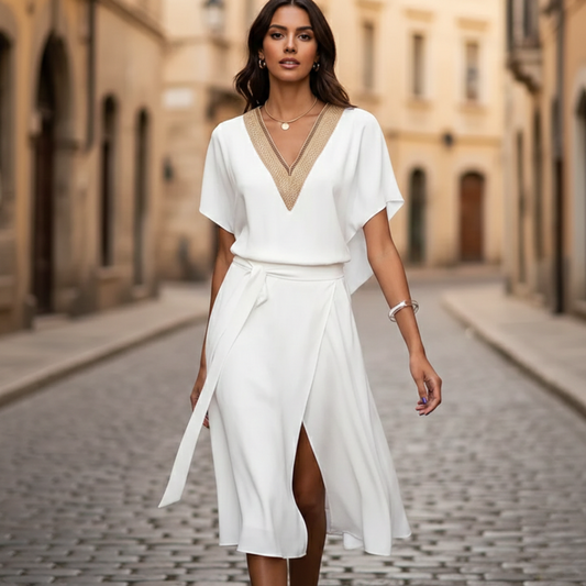Women's Eco-Friendly Midi Dress | Elegant V-Neck with Golden Detail for Summer 1