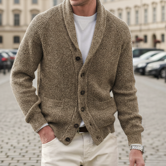 Men's Thick Knit Cardigan with Shawl Collar for Winter