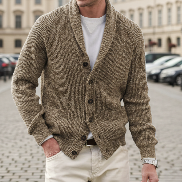 Men's Thick Knit Cardigan with Shawl Collar for Winter