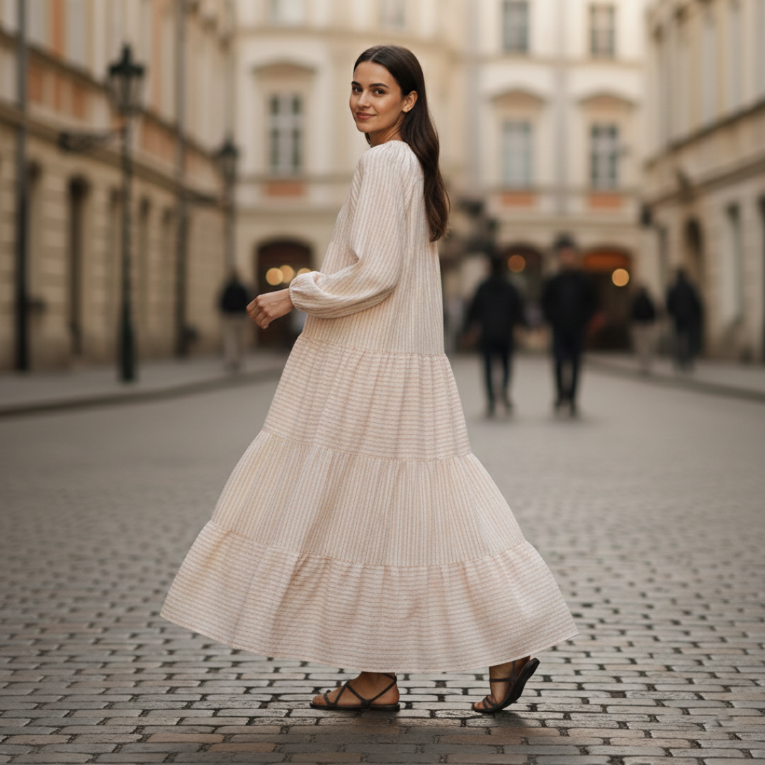 Women's Beige Maxi Dress with Long Sleeves