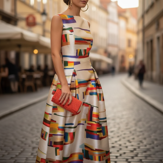Women's Vibrant Polyester Sleeveless Dress | Elegant Geometric Pattern 1