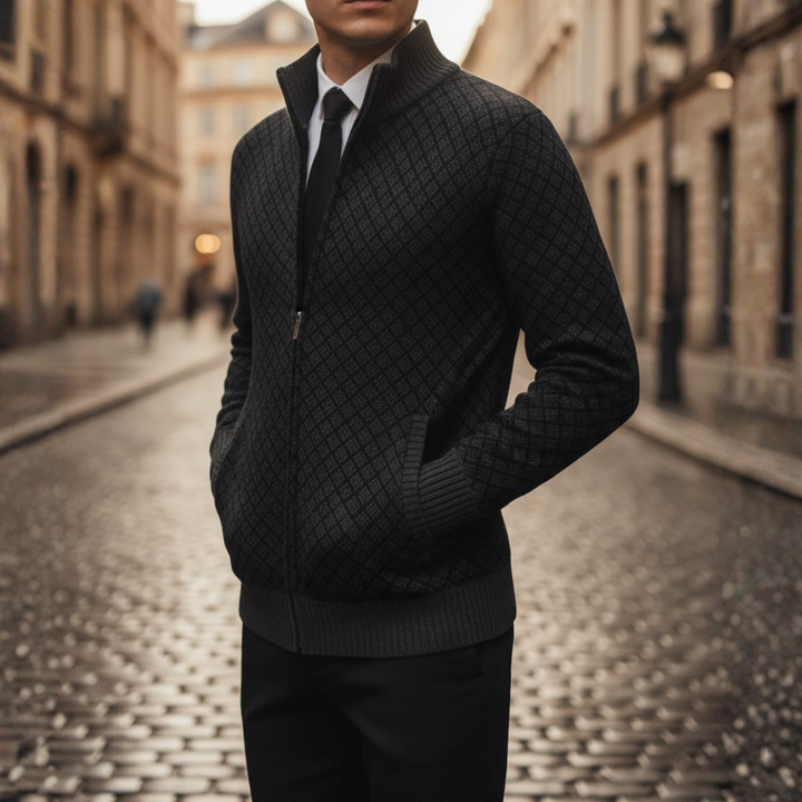 Men's Cardigan with Zip and Pattern in High-Quality Material with High Collar