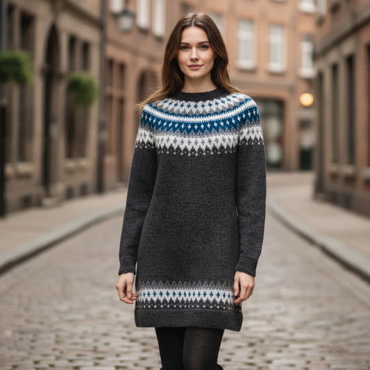 Women's Grey Wool Jacquard Fair Isle Dress