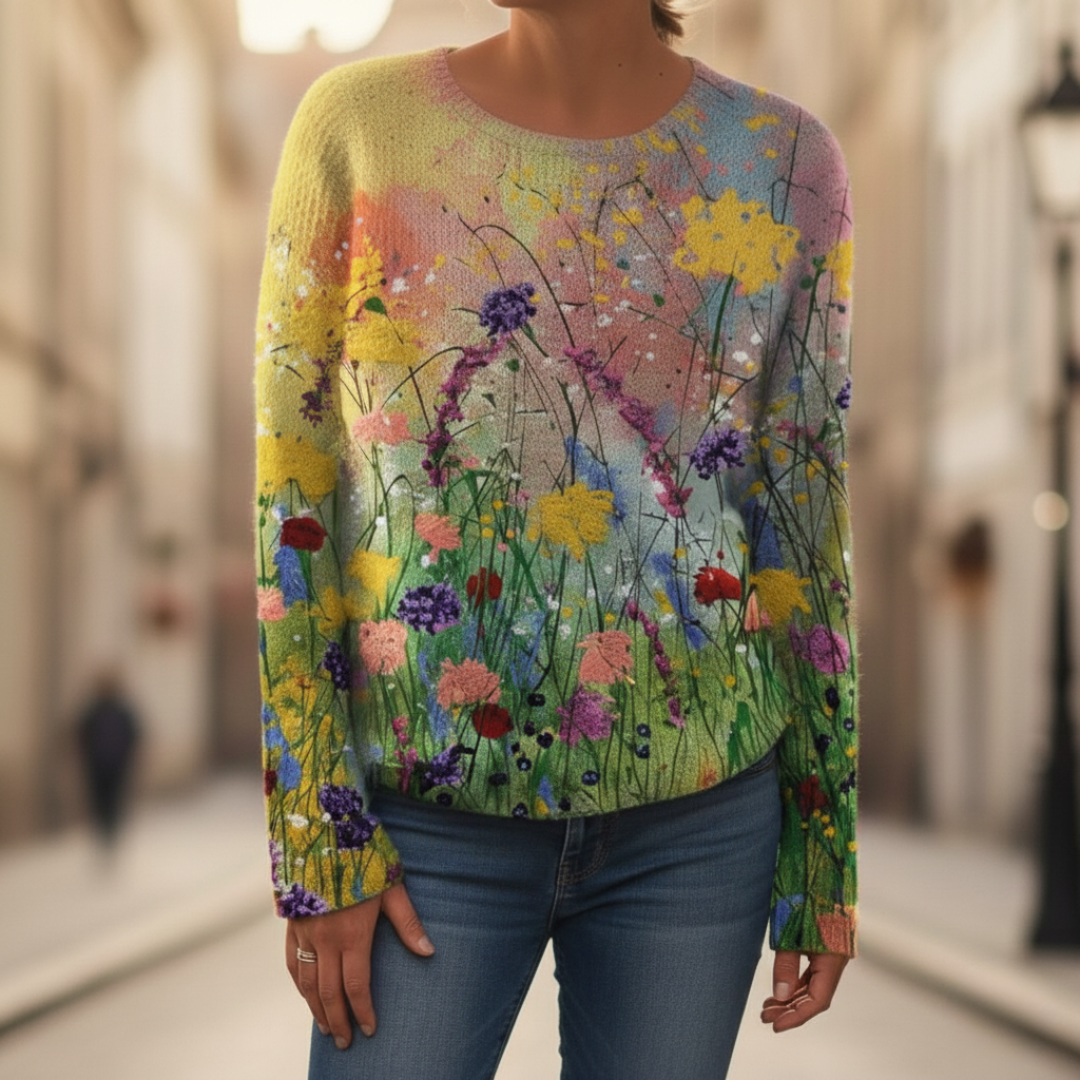 Women's Mixed Wool Sweater with Floral Print