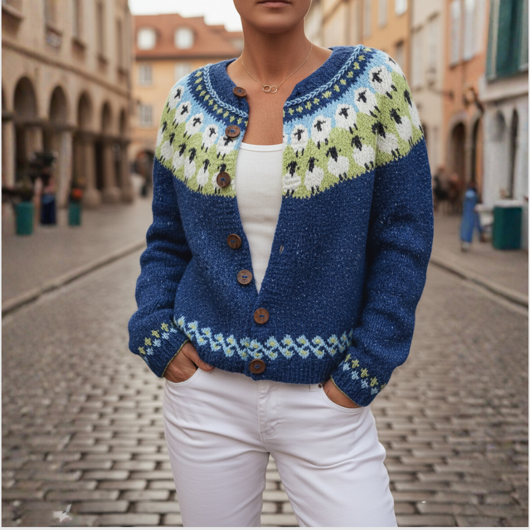 Blue Women's Cardigan with Buttons and Nordic Pattern