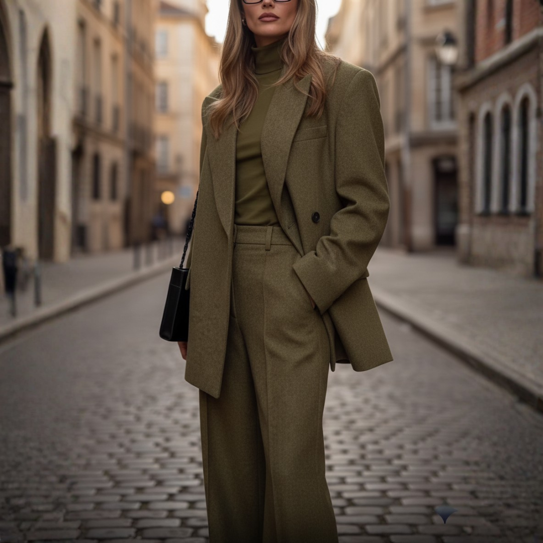 Women's Wool Suit with Single-Breasted Blazer and Wide-Leg Trousers