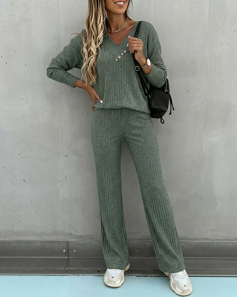 Set of 2 Pieces Women's Viscose V-Neck Long Sleeve Top and Straight Pants