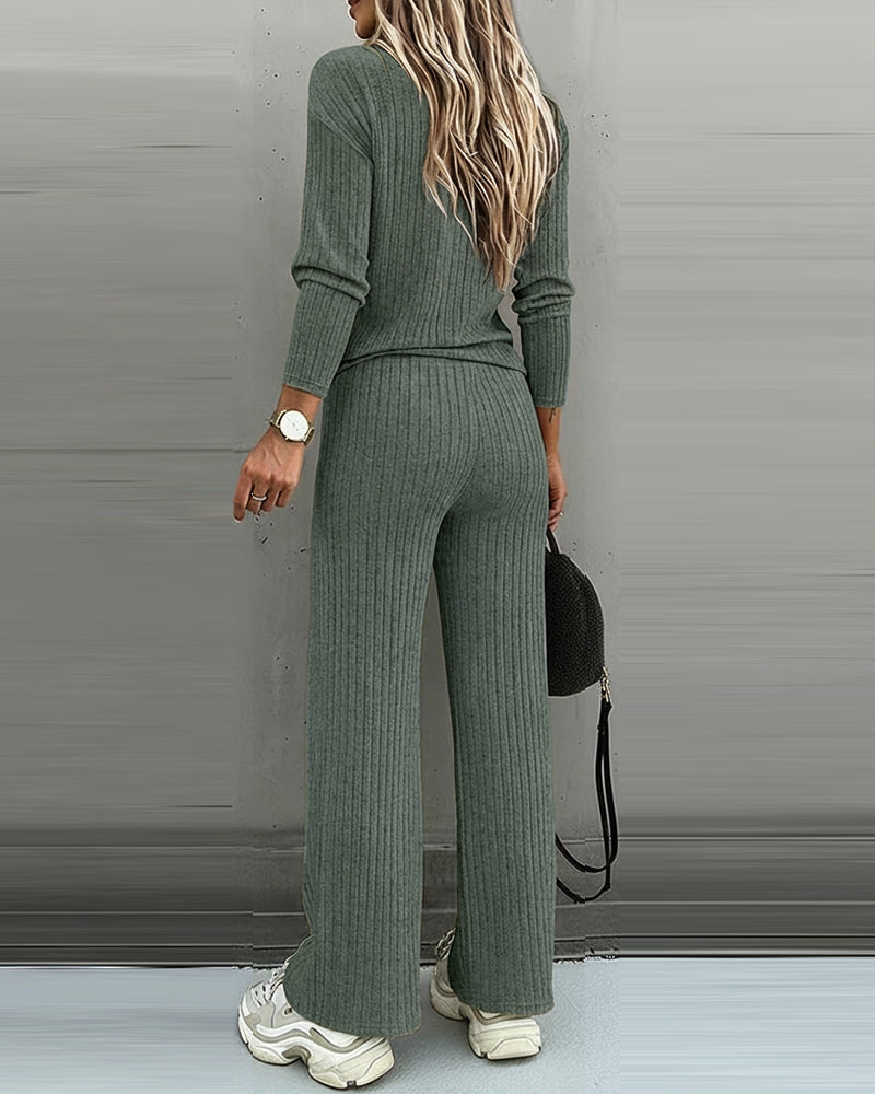 Set of 2 Pieces Women's Viscose V-Neck Long Sleeve Top and Straight Pants