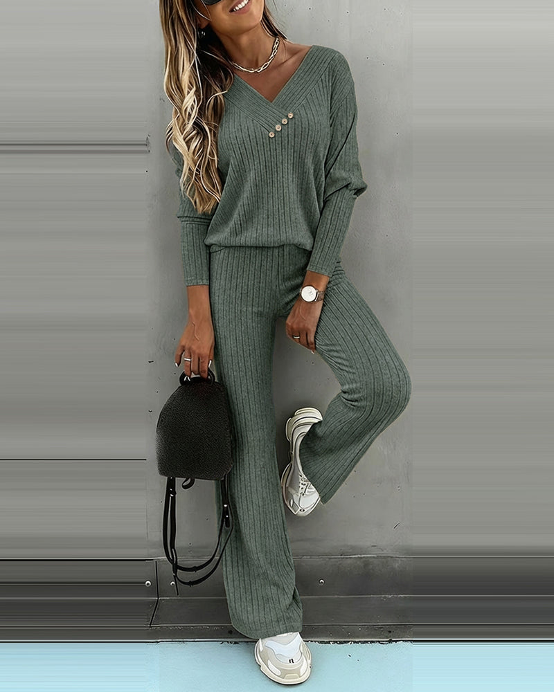 Set of 2 Pieces Women's Viscose V-Neck Long Sleeve Top and Straight Pants