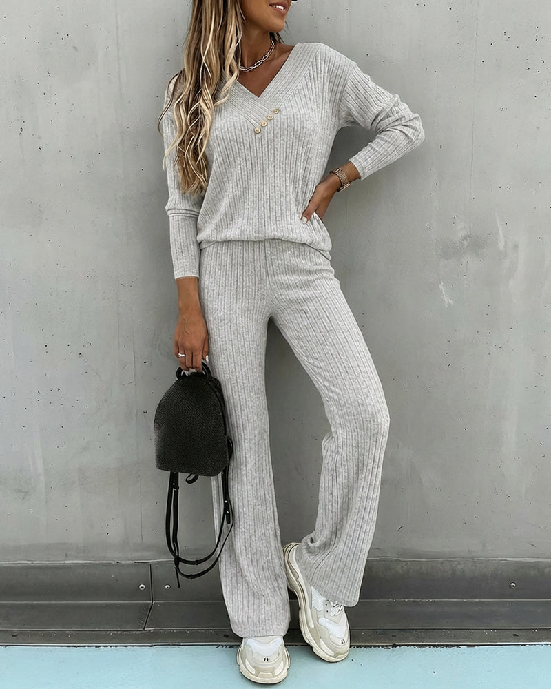 Set of 2 Pieces Women's Viscose V-Neck Long Sleeve Top and Straight Pants