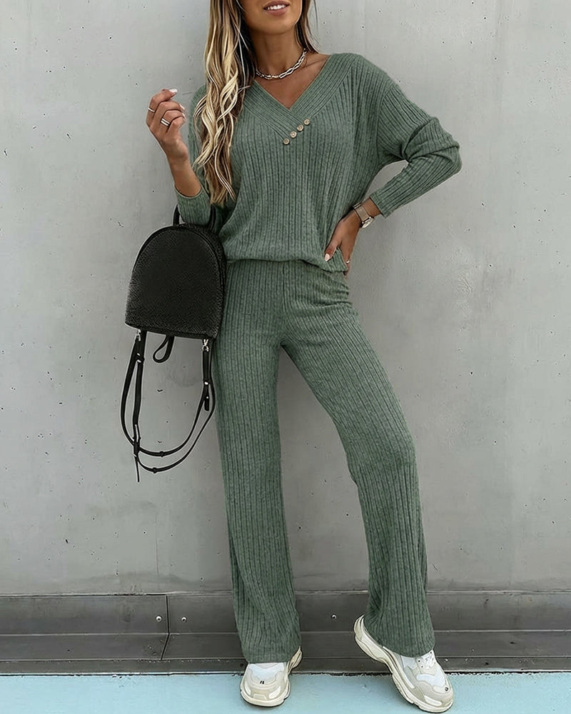 Set of 2 Pieces Women's Viscose V-Neck Long Sleeve Top and Straight Pants