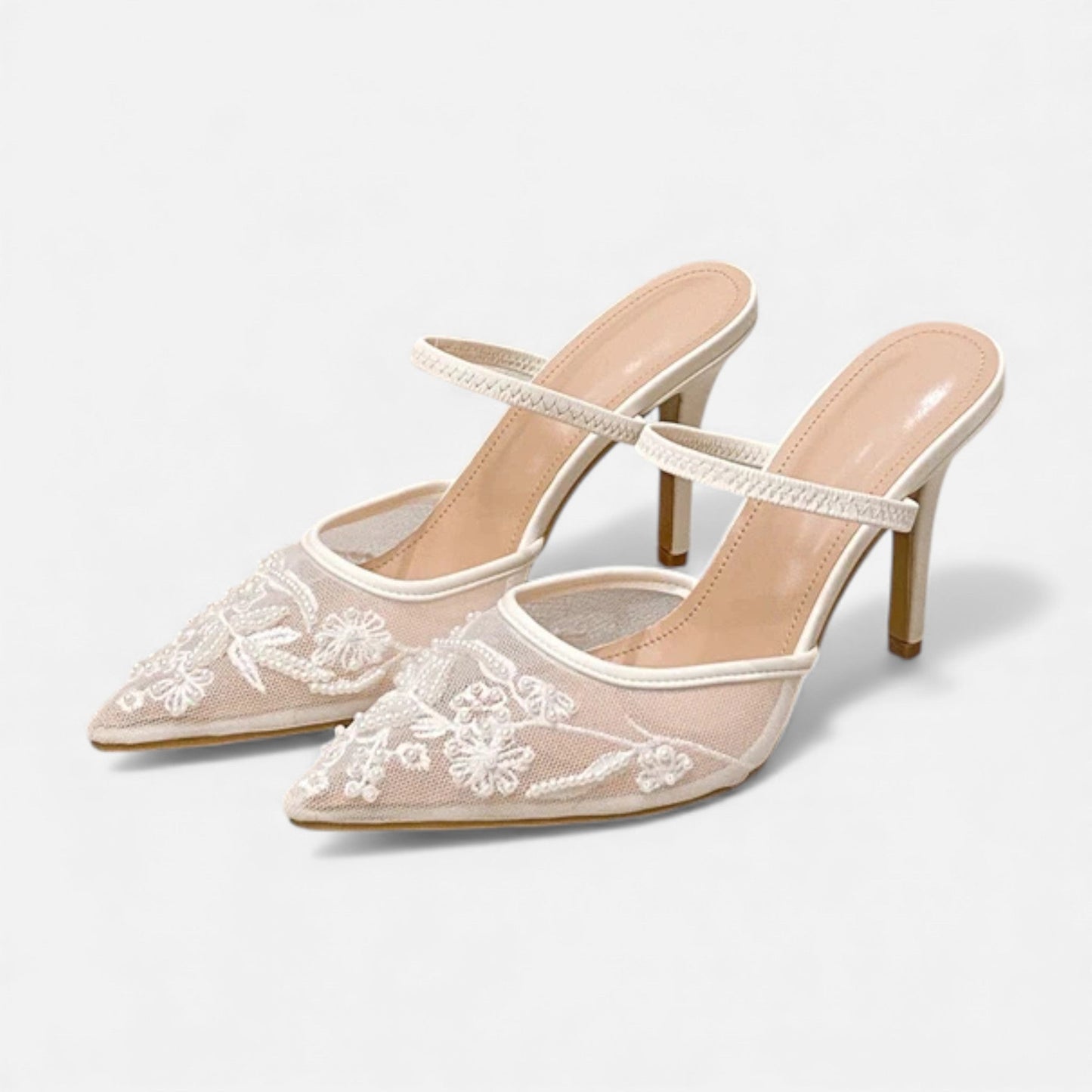 Women's Embroidered Mesh Pointed Toe Slip-On Stiletto Heels