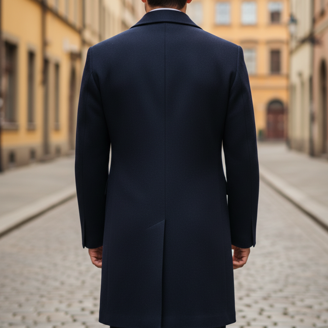 Dark Blue Men's Wool Blend Double-Breasted Winter Coat
