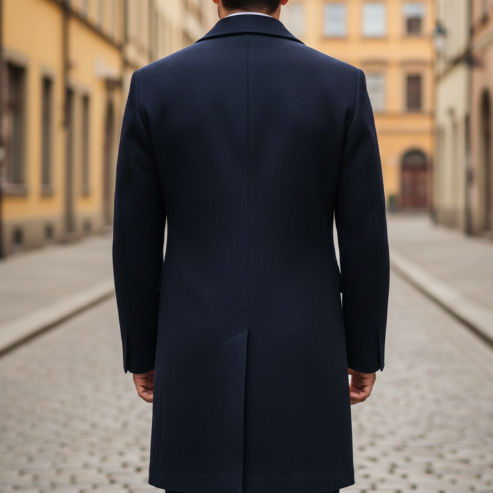 Cappotto invernale doppiopetto da uomo in misto lana blu scuro