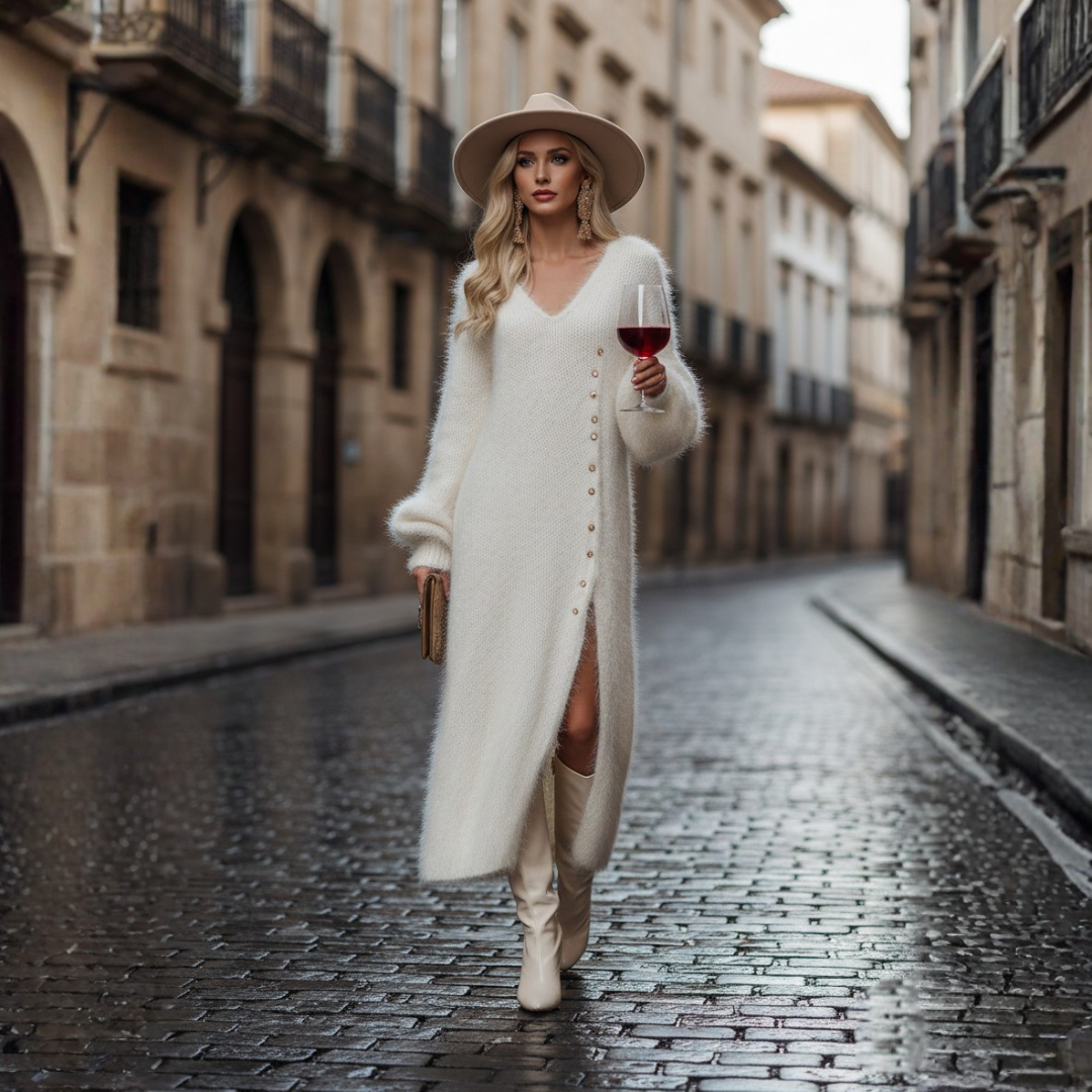 Women's Midi Dress with V-Neck in Faux Fur Knit