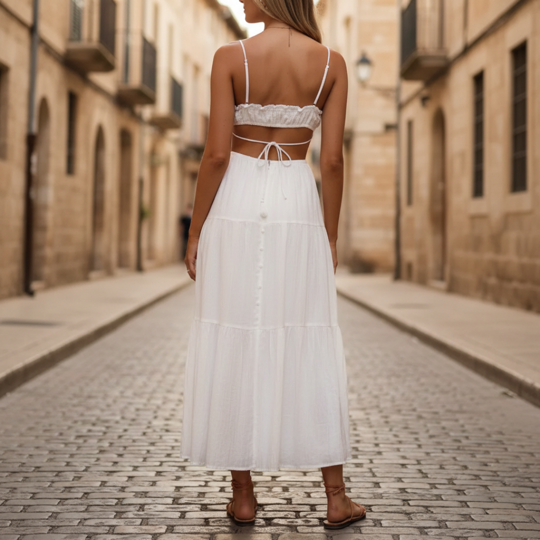 White Cotton Midi Dress for Women with Thin Straps