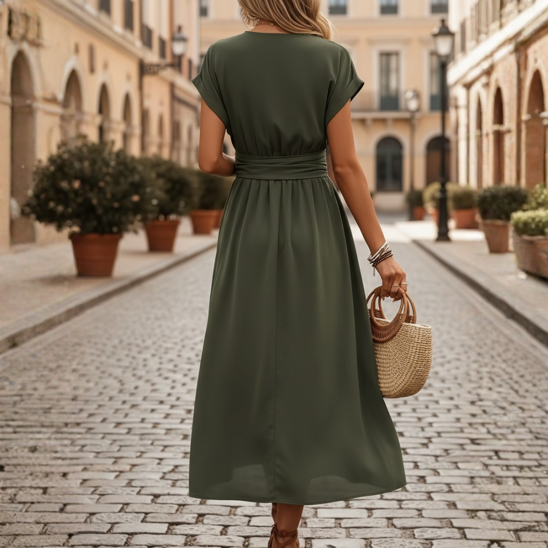 Women's Midi Dress with V-Neck and Crossed Waist