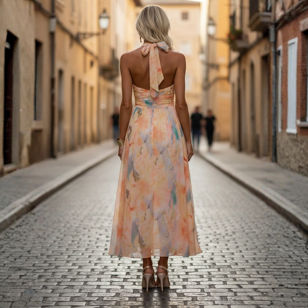 Long Dress for Women with American Neckline, Flared, Watercolor Silk