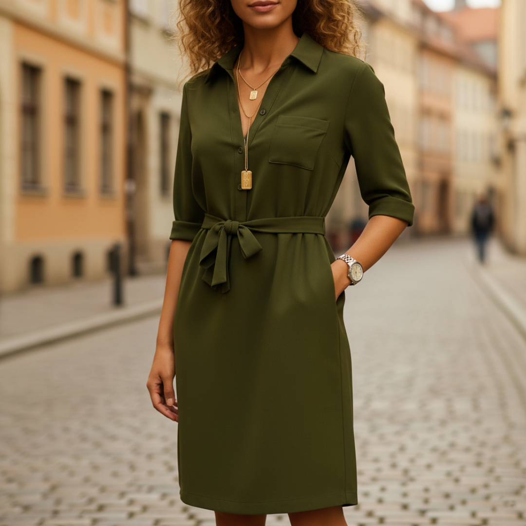 Women's Chemisier Dress Made of High-Quality Material with Three-Quarter Sleeves