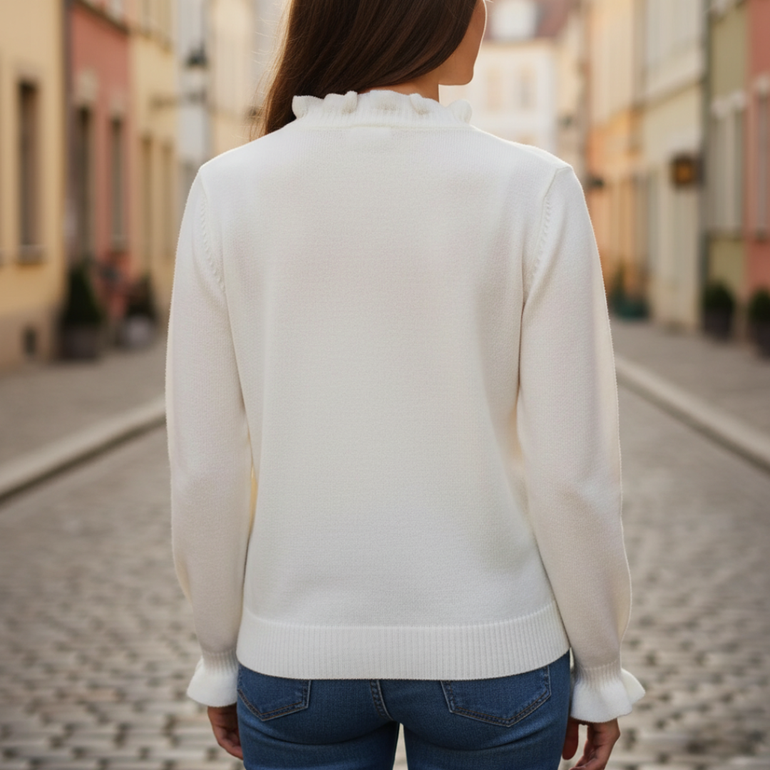 White Women's Sweater with Ruffles and Pearls