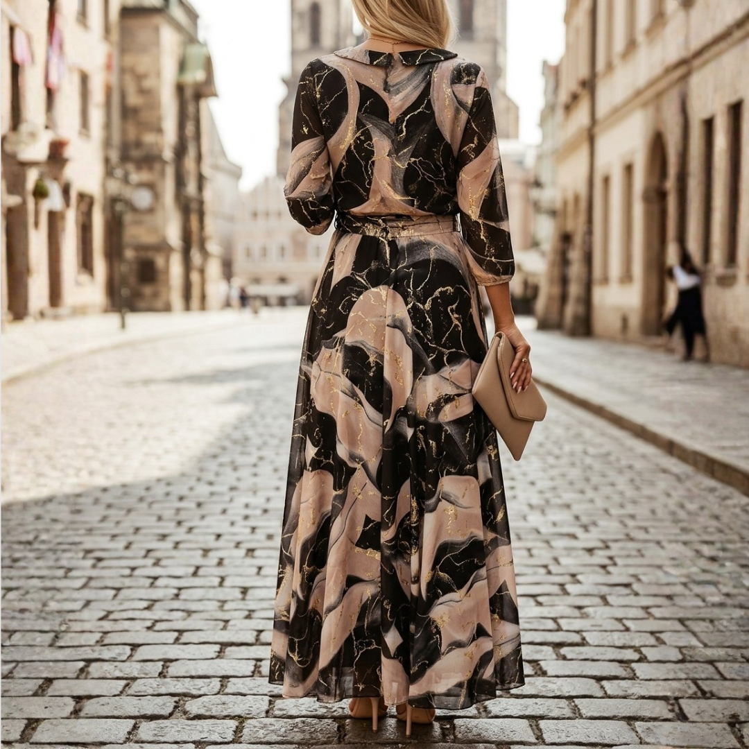 Maxi Dress for Women in Printed Chiffon with Three-Quarter Sleeves A-Line Gold