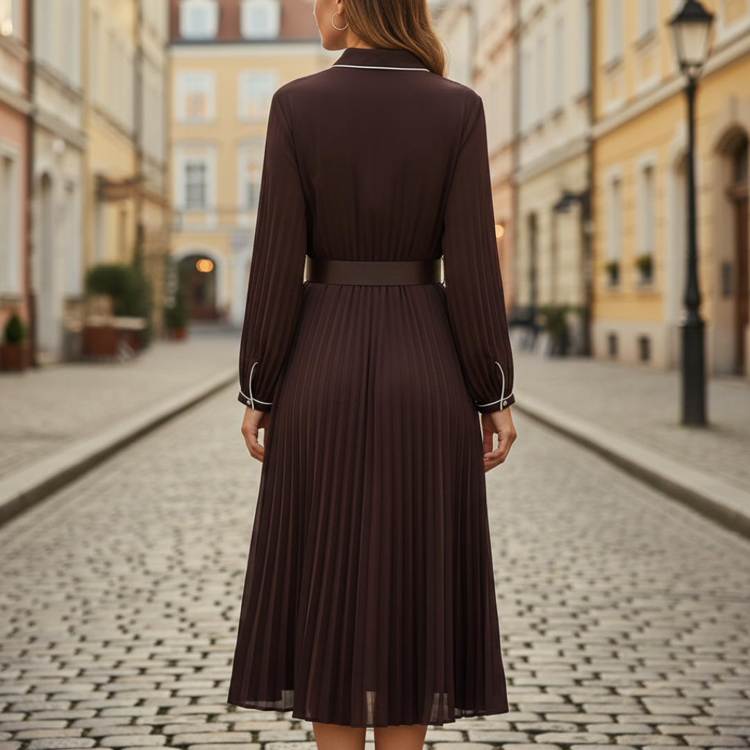 Women's Midi Plissé Dress with Belt and Contrast Trim