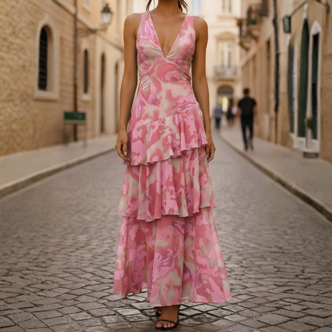 Multicolored Long Dress for Women with Ruffles and V-Neck