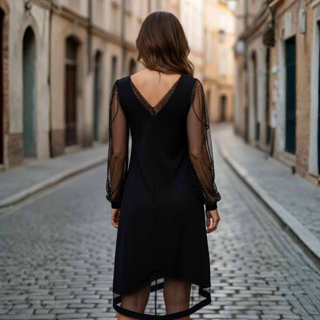 Black Mixed Fabric Dress with Transparent Sleeves for Women