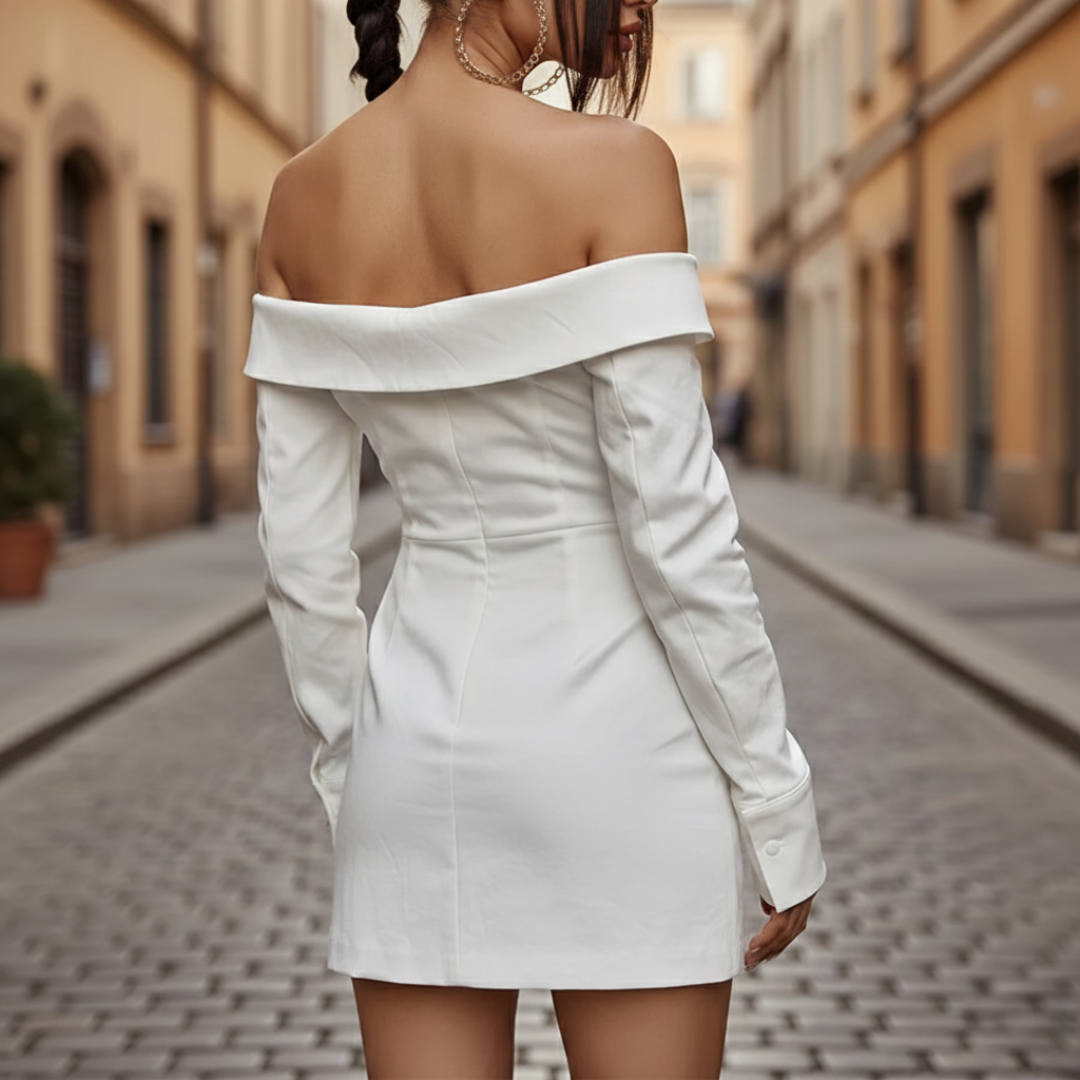 Mini Dress for Women with Off-Shoulder Design and Long Sleeves, Asymmetric White