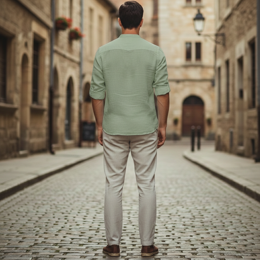 Men's Linen Short Sleeve Slim Fit Korean Collar Shirt