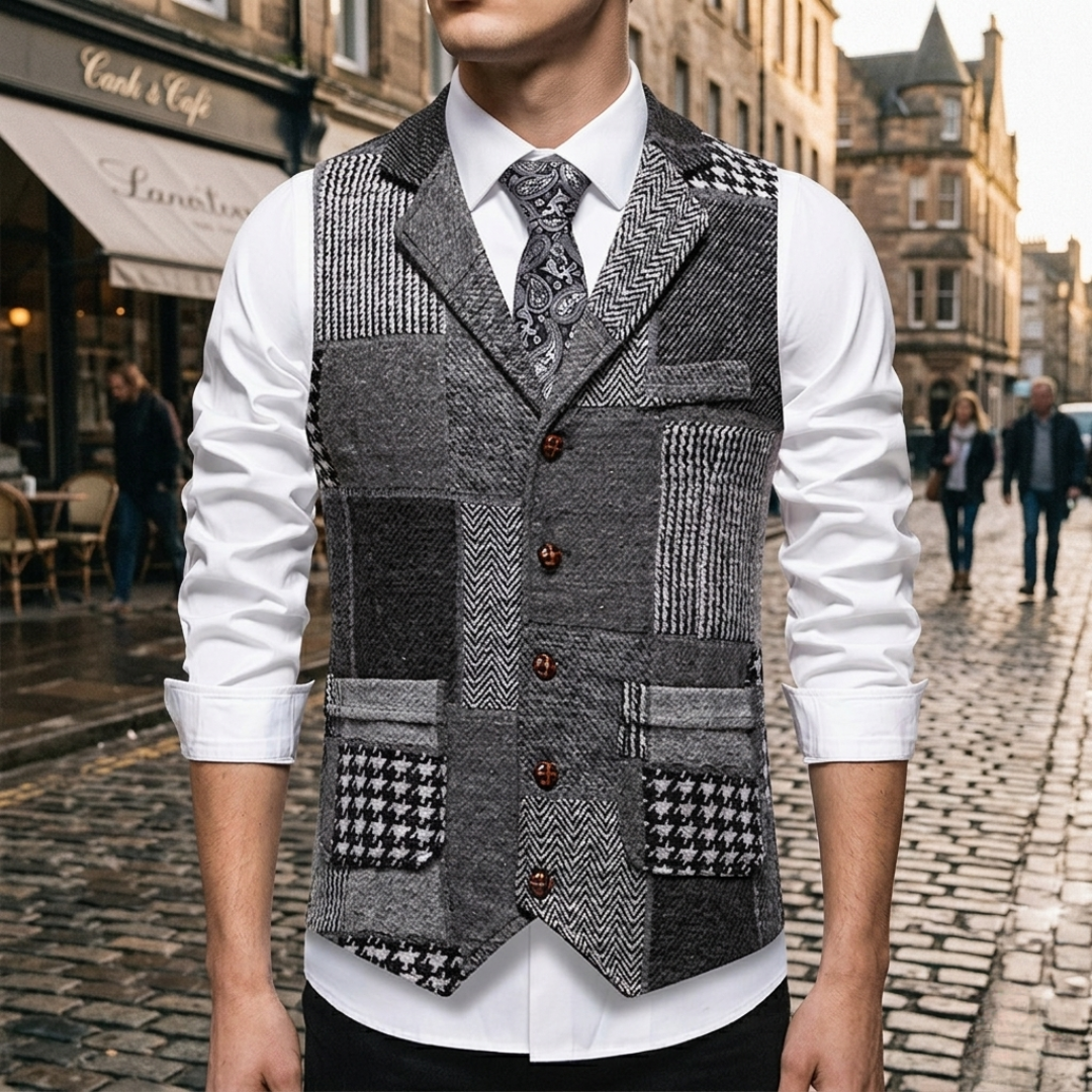 Elegant Slim Fit Tweed Men's Waistcoat Patchwork