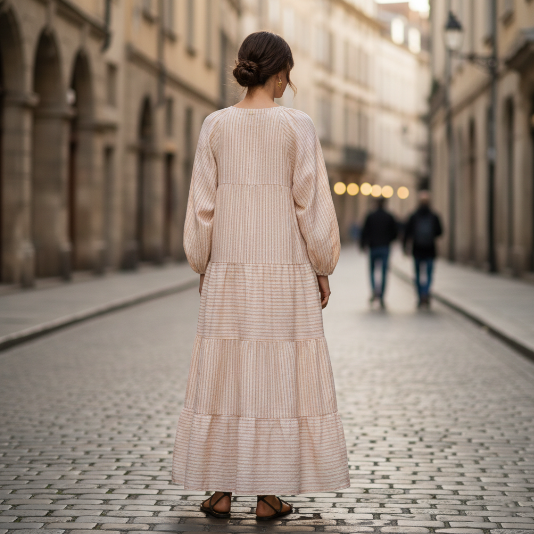 Women's Beige Maxi Dress with Long Sleeves