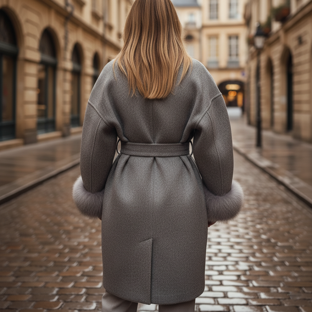 Women's High-Quality Grey Coat with Faux Fur Trim and Cuffs
