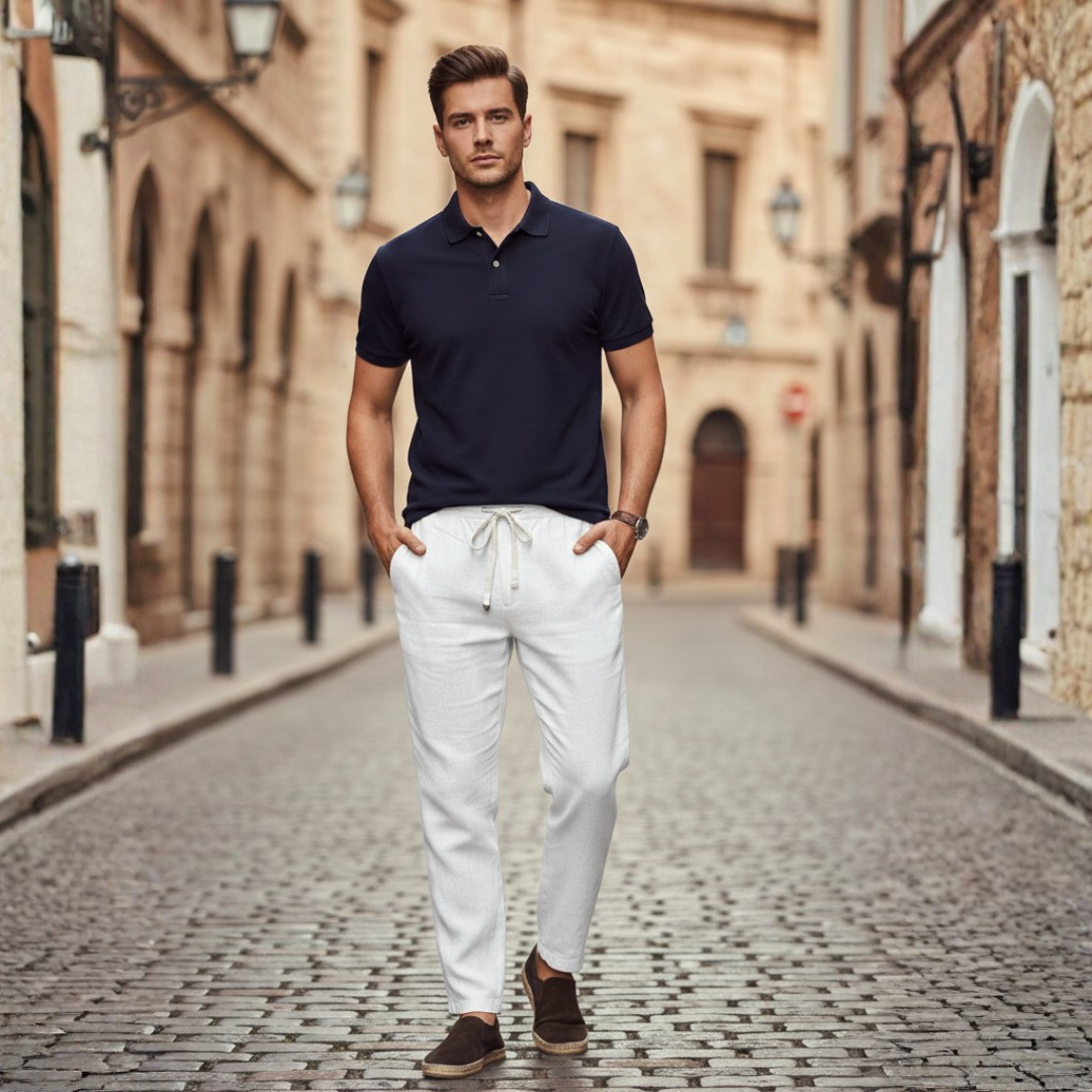 Men's Linen Pants with Drawstring and Elastic Waist Straight Leg