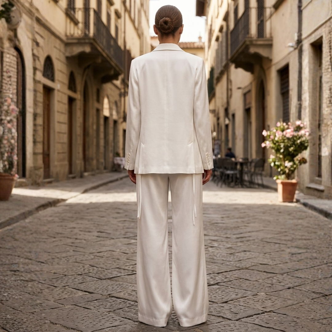 Women's Complete White Blazer with Belt and High-Waisted Wide Leg Trousers