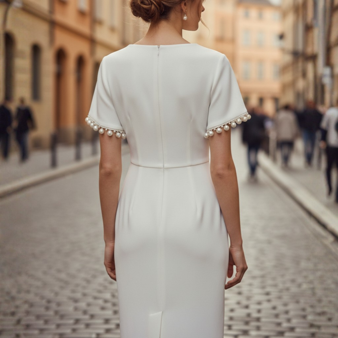 White Midi Dress for Women with Pearls and Knot at the Waist