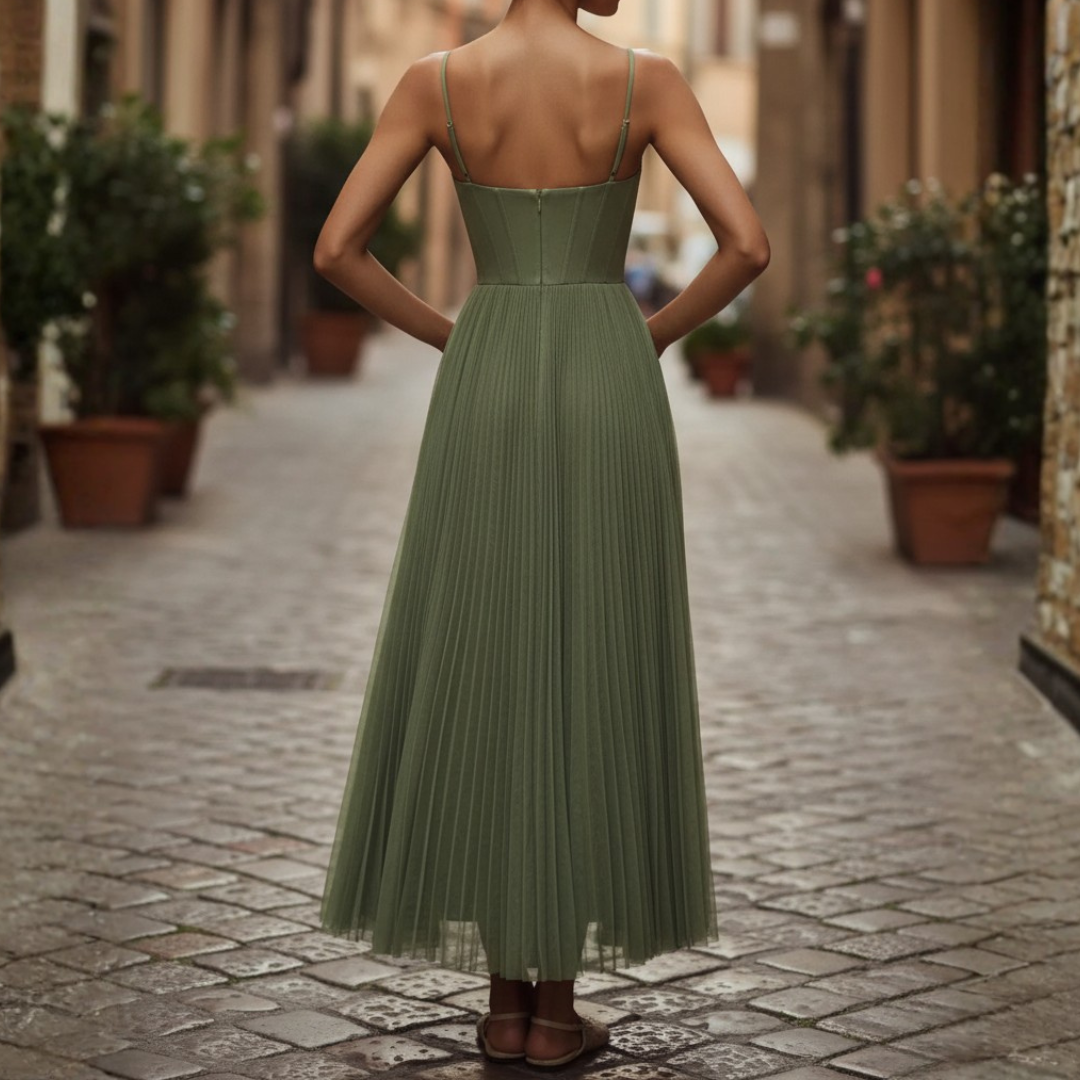 Long Pleated Green Dress for Women