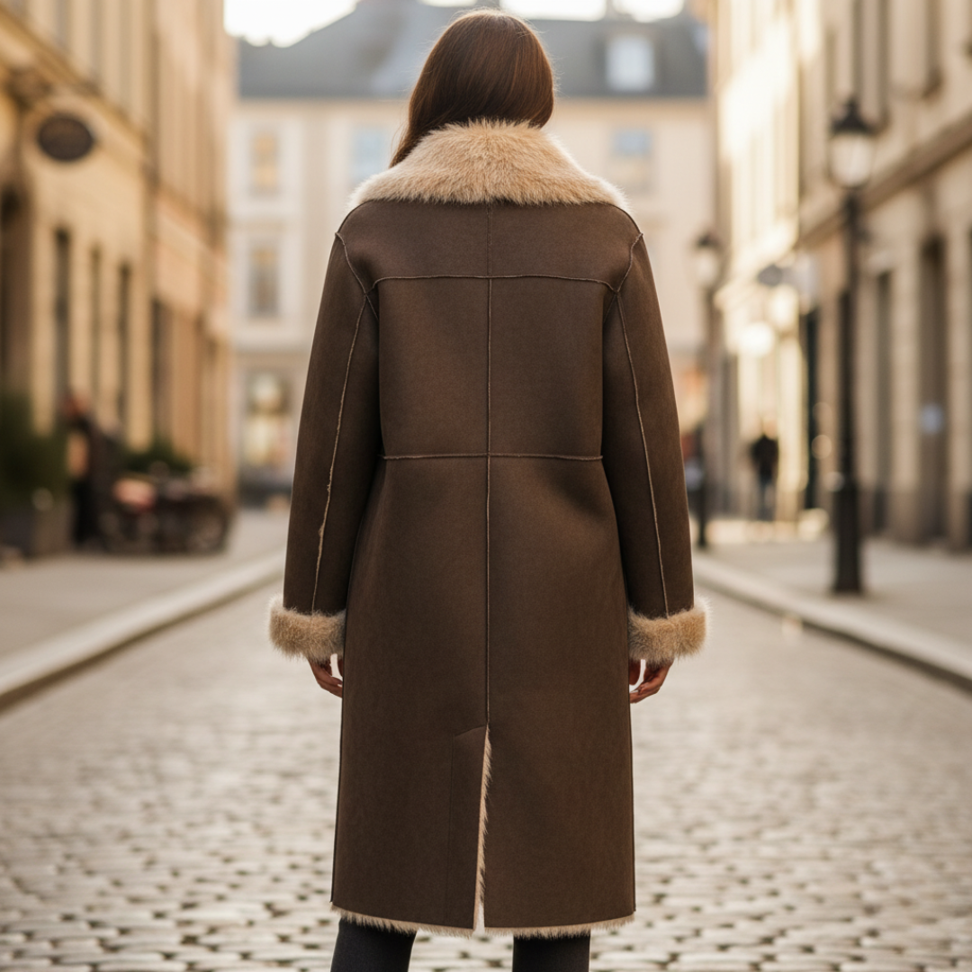 Brown Women's Coat in Synthetic Fabric with Faux Fur Collar