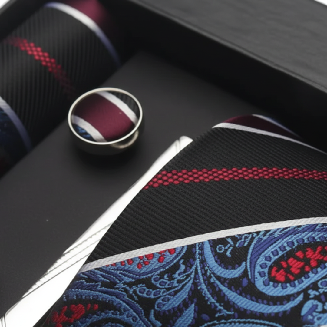 Men's Silk Paisley Red Blue Tie Set
