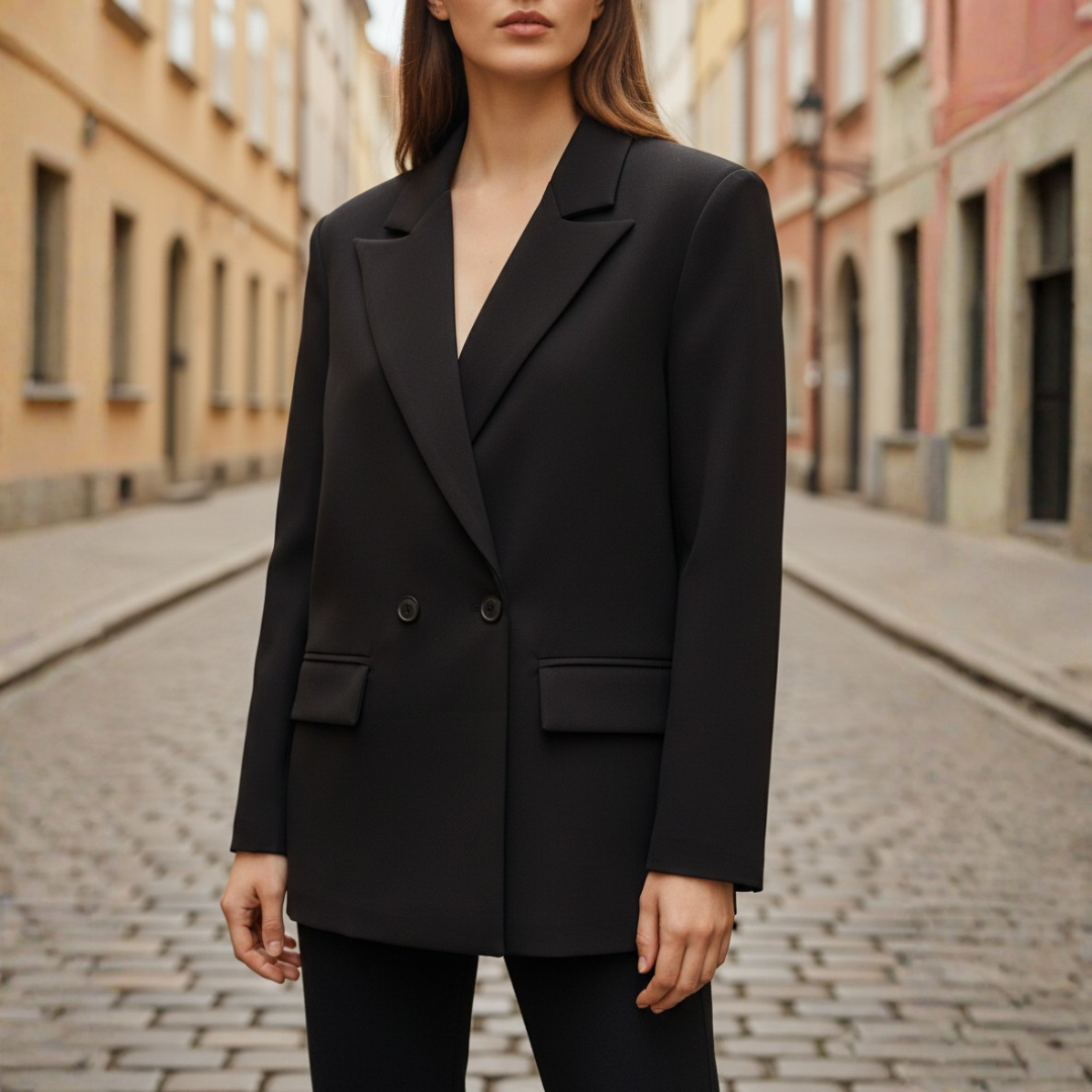 Women's Double-Breasted Blazer with Notch Lapels and Long Sleeves