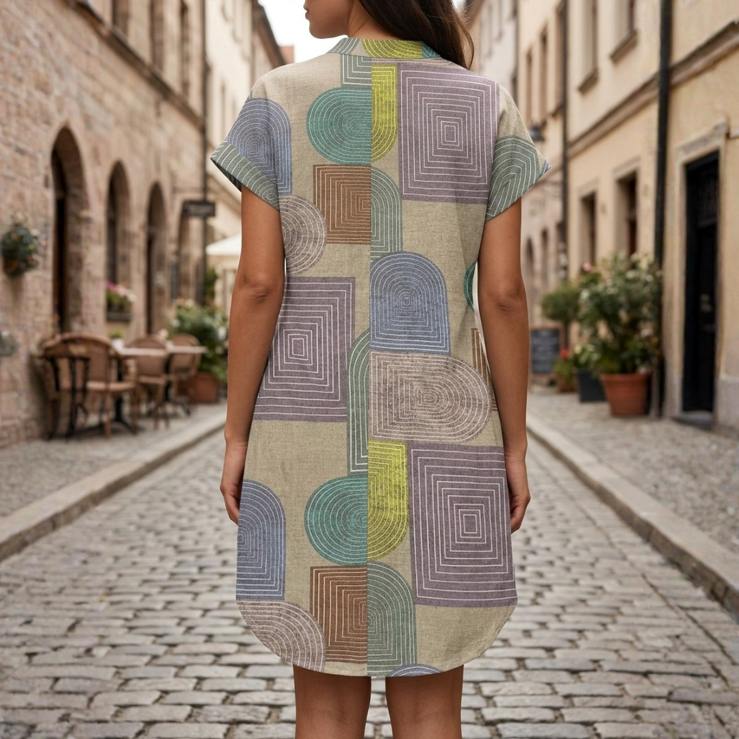Women's Short Sleeve Shirt Dress with Buttons and V-Neck Mini Geometric Pattern