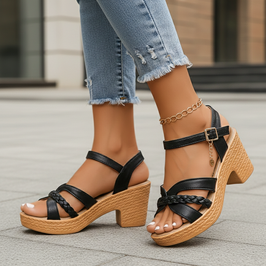 Sandali da donna con tacco largo e zeppa intrecciata
