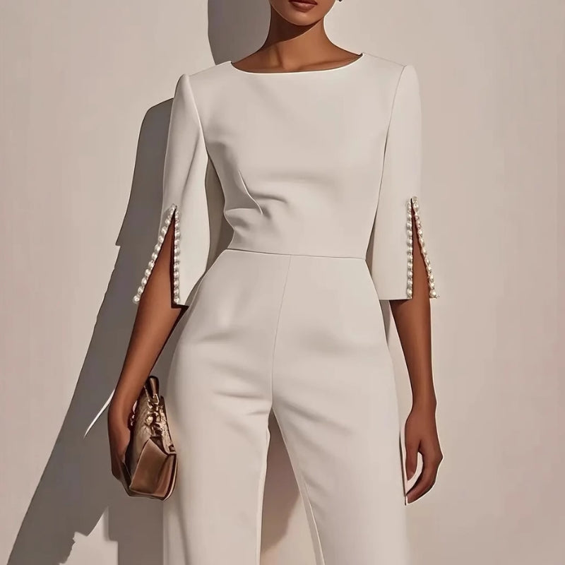 Women's Velvet Jumpsuit Wide Leg Pearl Detail Three Quarter Sleeves
