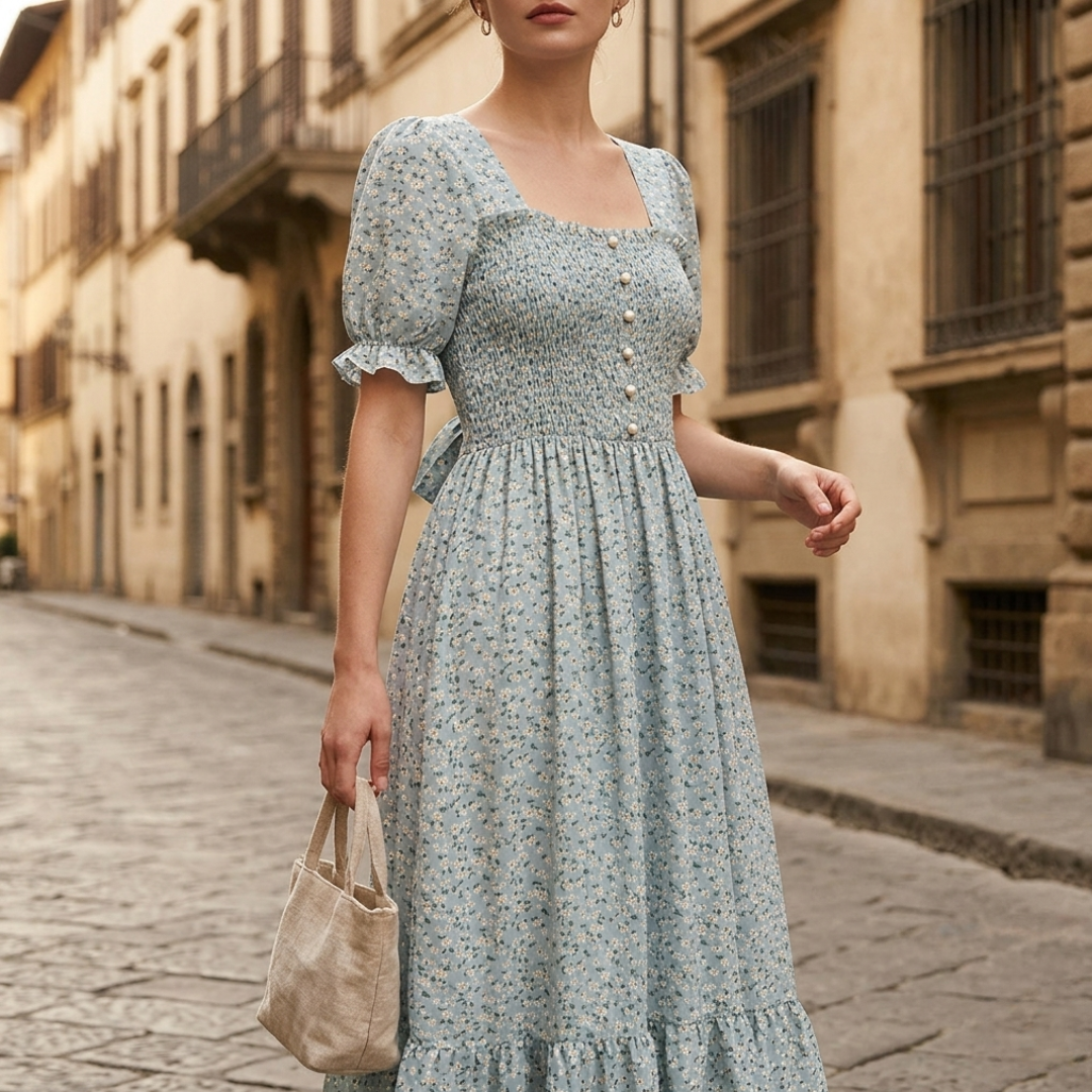 Women's Floral Draped Midi Dress with Puff Sleeves