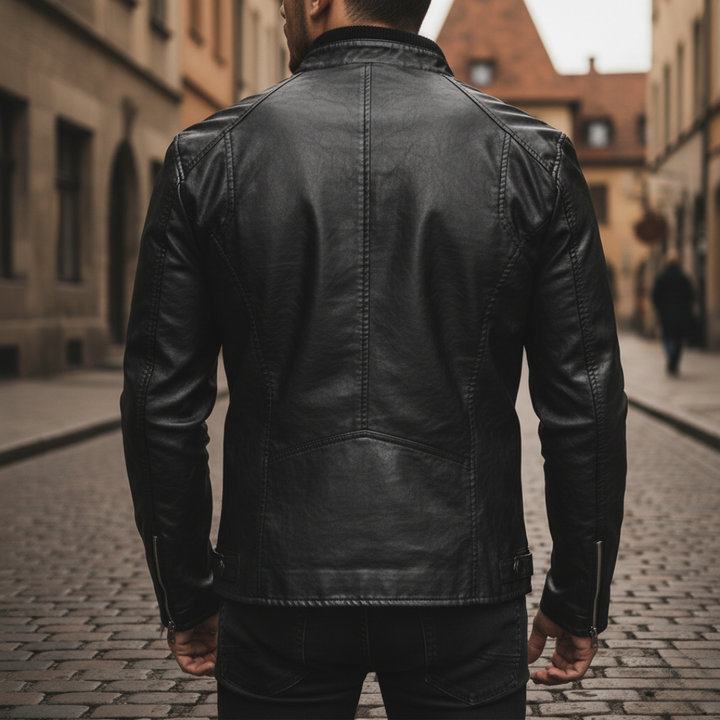 Men's Synthetic Leather Jacket with High Collar and Pockets