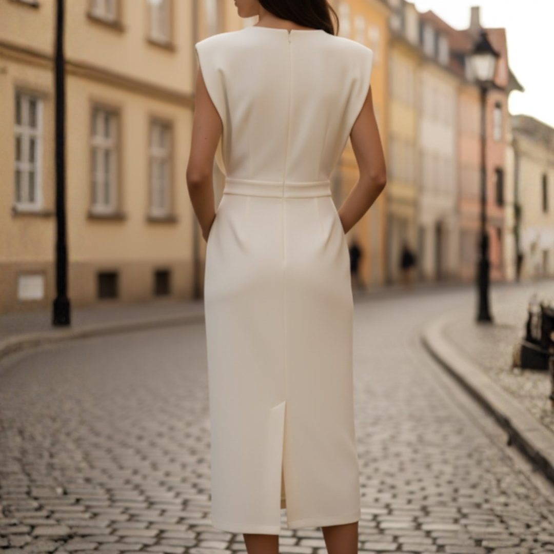 Women's Midi Dress in High-Quality Material with Straps and Decorative Buttons